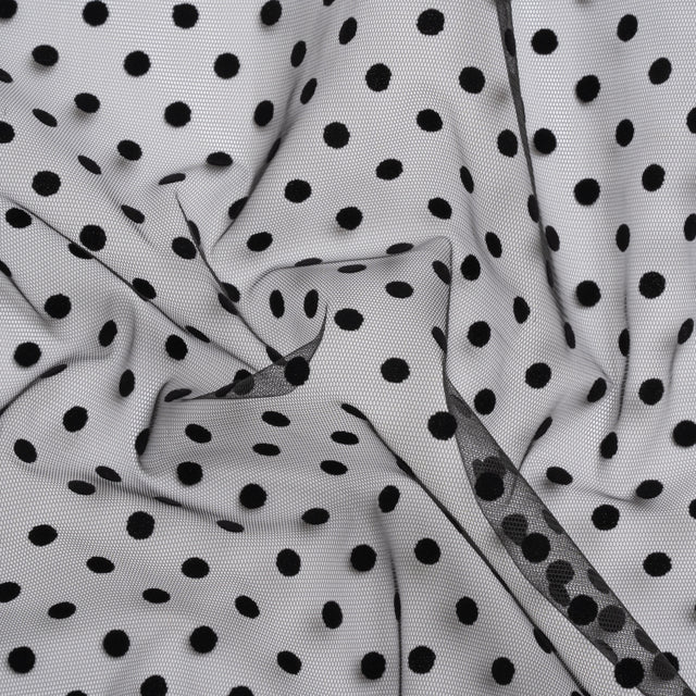 Famous Australian Designer Black Big Flocked Polka Dots Polyester Tulle