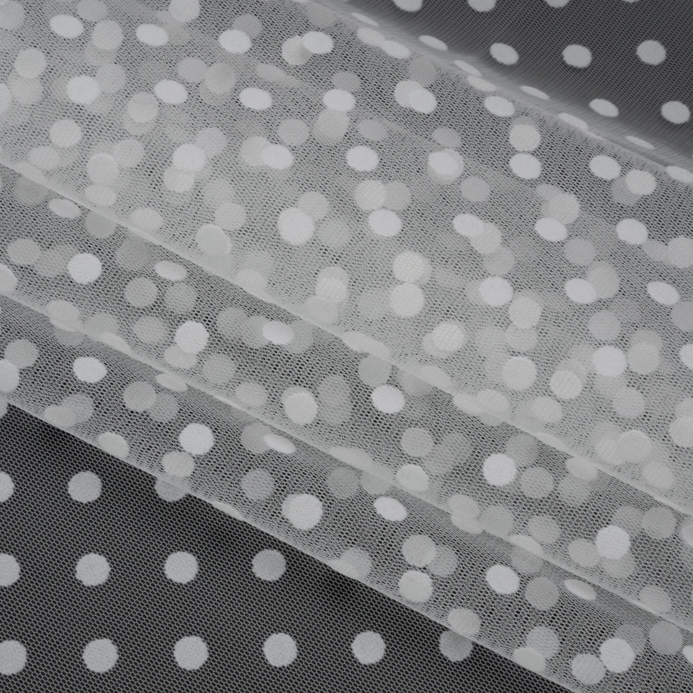 Famous Australian Designer White Big Flocked Polka Dots Polyester Tulle Folded