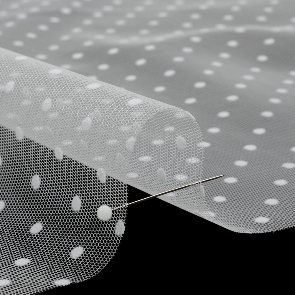Famous Australian Designer White Little Flocked Polka Dots Polyester Tulle Detail