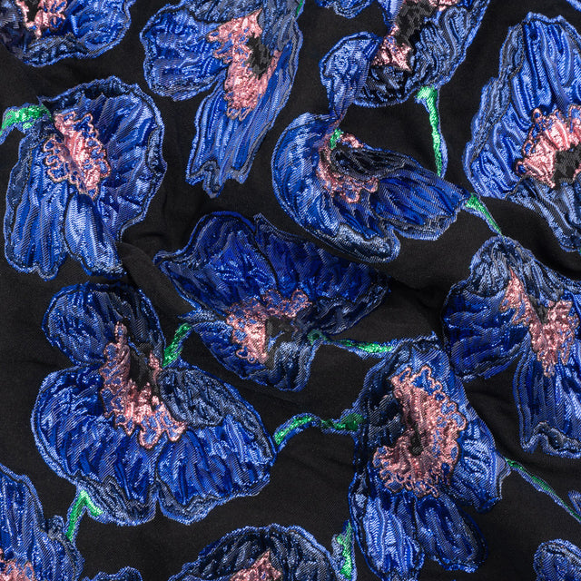Carolina Herrera Metallic Blue, Green and Black Poppies Polyester and Nylon Brocade