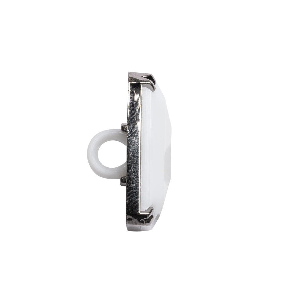 Rectangular Plastic Shank Back Button - White and Metallic Silver Faceted - 36L/23mm Folded