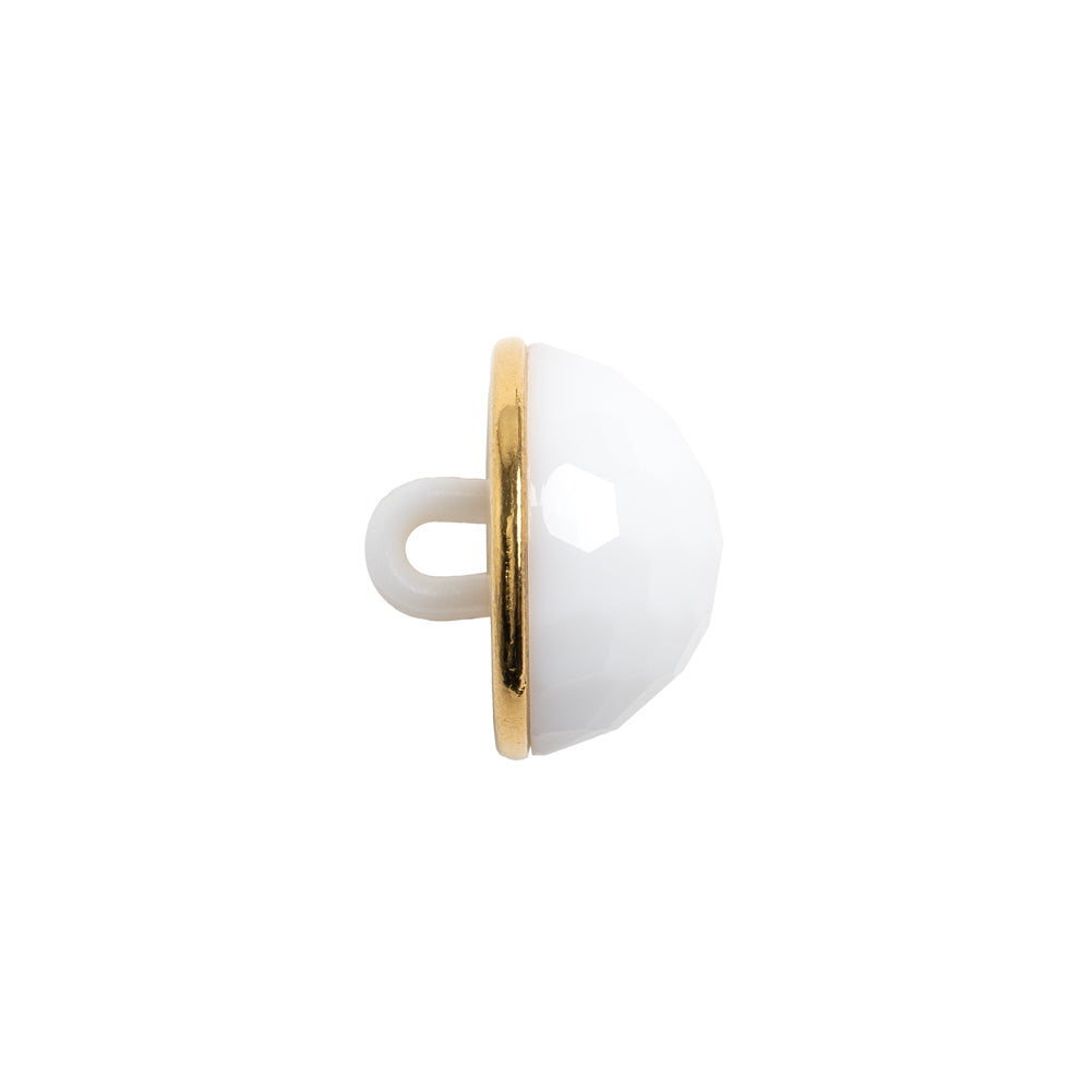Domed Plastic Shank Back Button - White and Metallic Gold Faceted - 24L/15mm Folded