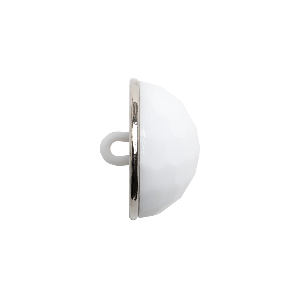 Domed Plastic Shank Back Button - White and Metallic Silver Faceted - 32L/20mm Folded