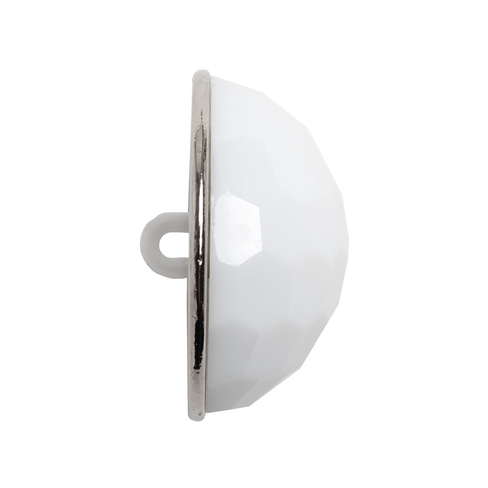 Domed Plastic Shank Back Button - White and Metallic Silver Faceted - 44L/28mm Folded