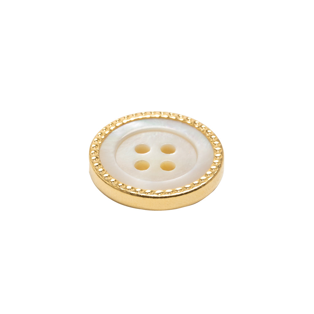 Mother of Pearl 4-Hole Button - 28L/18mm - Iridescent White with Gold Metal Hobnail Rim - Made in Italy