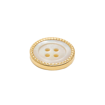 Mother of Pearl 4-Hole Button - 28L/18mm - Iridescent White with Gold Metal Hobnail Rim - Made in Italy