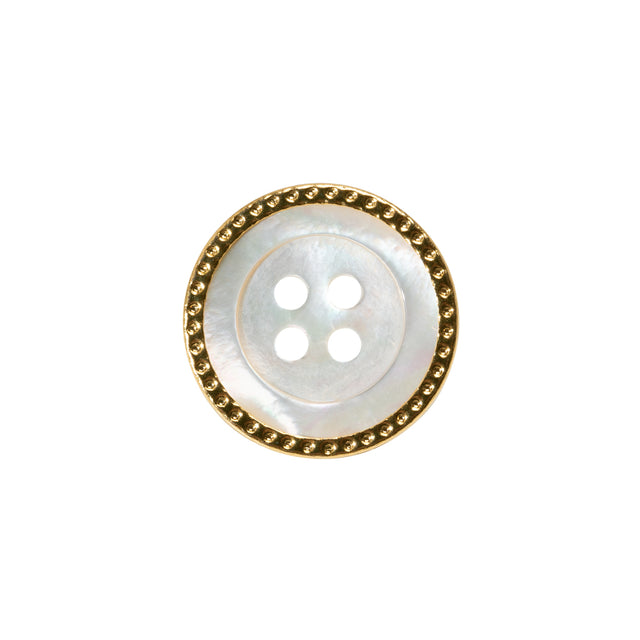 Mother of Pearl 4-Hole Button - 28L/18mm - Iridescent White with Gold Metal Hobnail Rim - Made in Italy