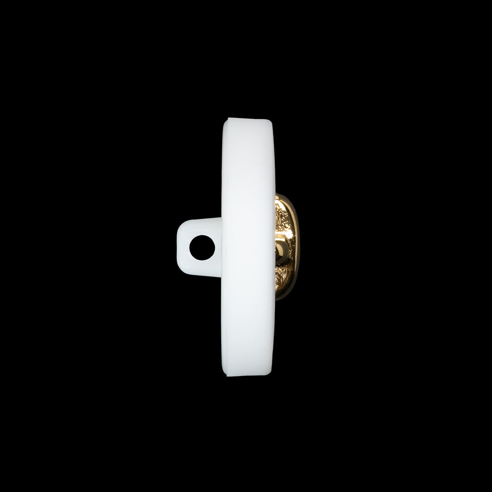 Plastic Shank Back Button - 36L/23mm - White and Metallic Gold Faux Stitched 4-Hole - Folded