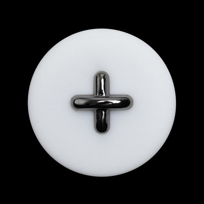 Plastic Shank Back Button - 44L/28mm - White and Metallic Gunmetal Faux Stitched 4-Hole