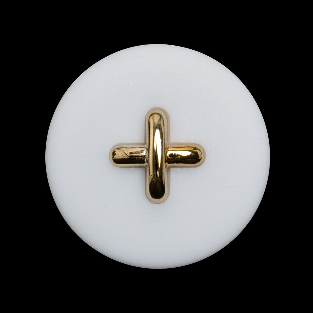 Plastic Shank Back Button - 44L/28mm - White and Metallic Gold Faux Stitched 4-Hole