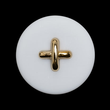 Plastic Shank Back Button - 44L/28mm - White and Metallic Gold Faux Stitched 4-Hole