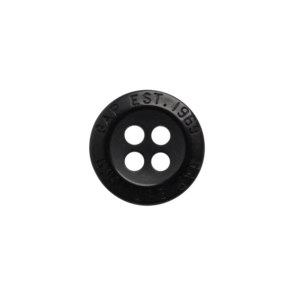 Plastic 4-Hole Button by Famous Designer - 24L/15mm - Black Text Engraved Rim