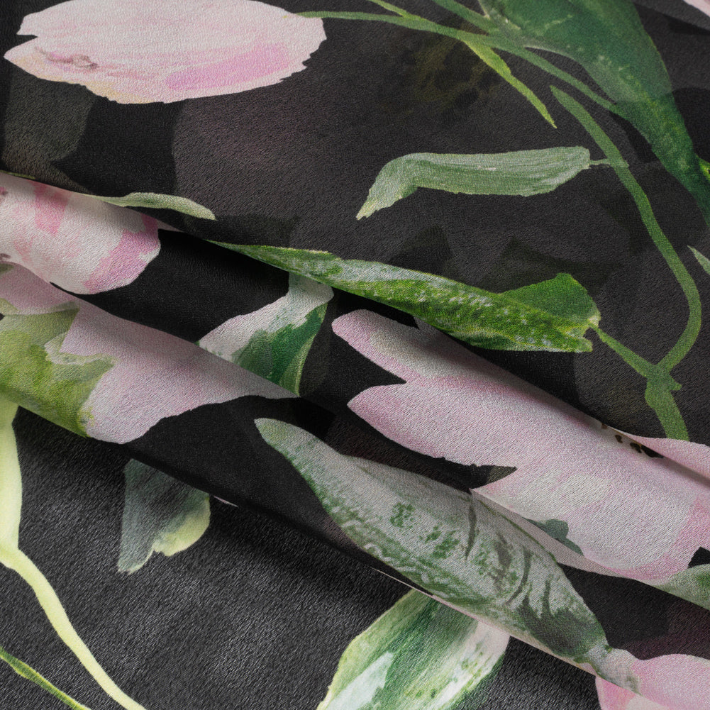 Carolina Herrera Black, Pink and Green Floral Silk Organza Folded