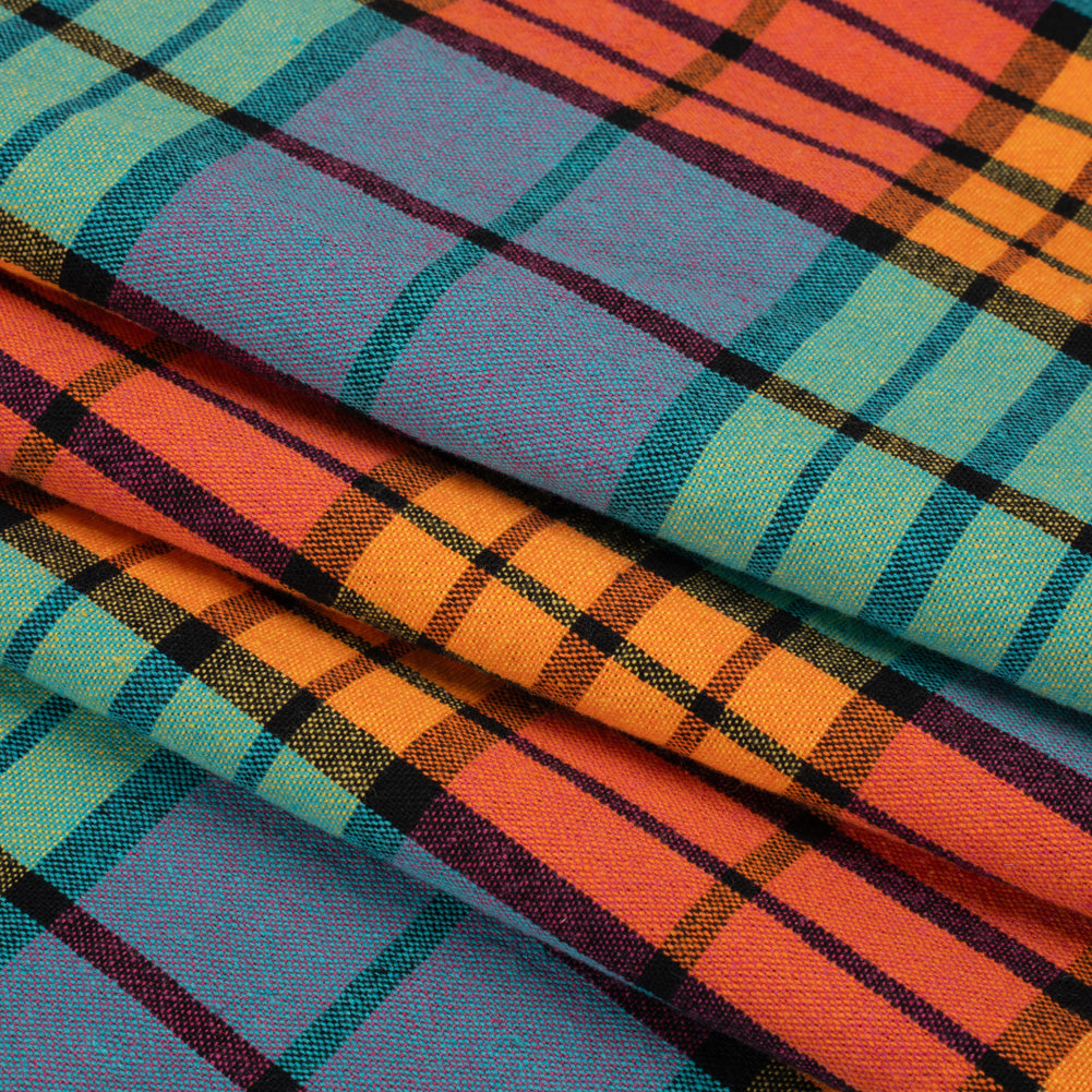 Orange, Green and Blue Plaid Homespun Cotton and Polyester Woven Folded