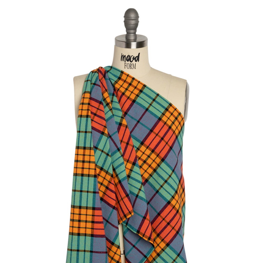 Orange, Green and Blue Plaid Homespun Cotton and Polyester Woven Drape