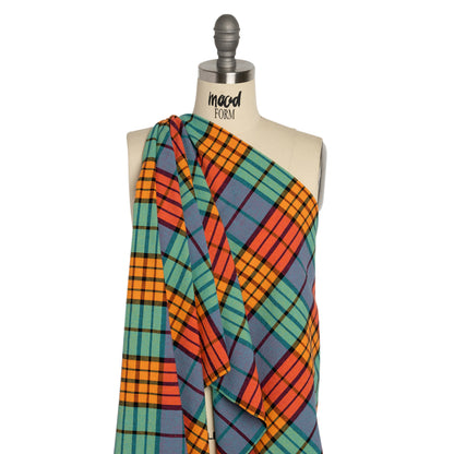 Orange, Green and Blue Plaid Homespun Cotton and Polyester Woven Drape