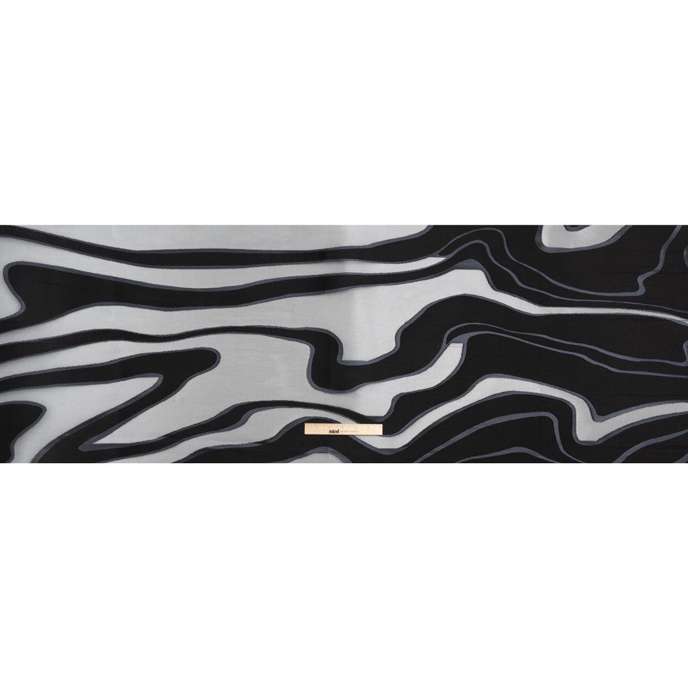 Metallic Gunmetal and Black Flowing Lines Luxury Burnout Brocade