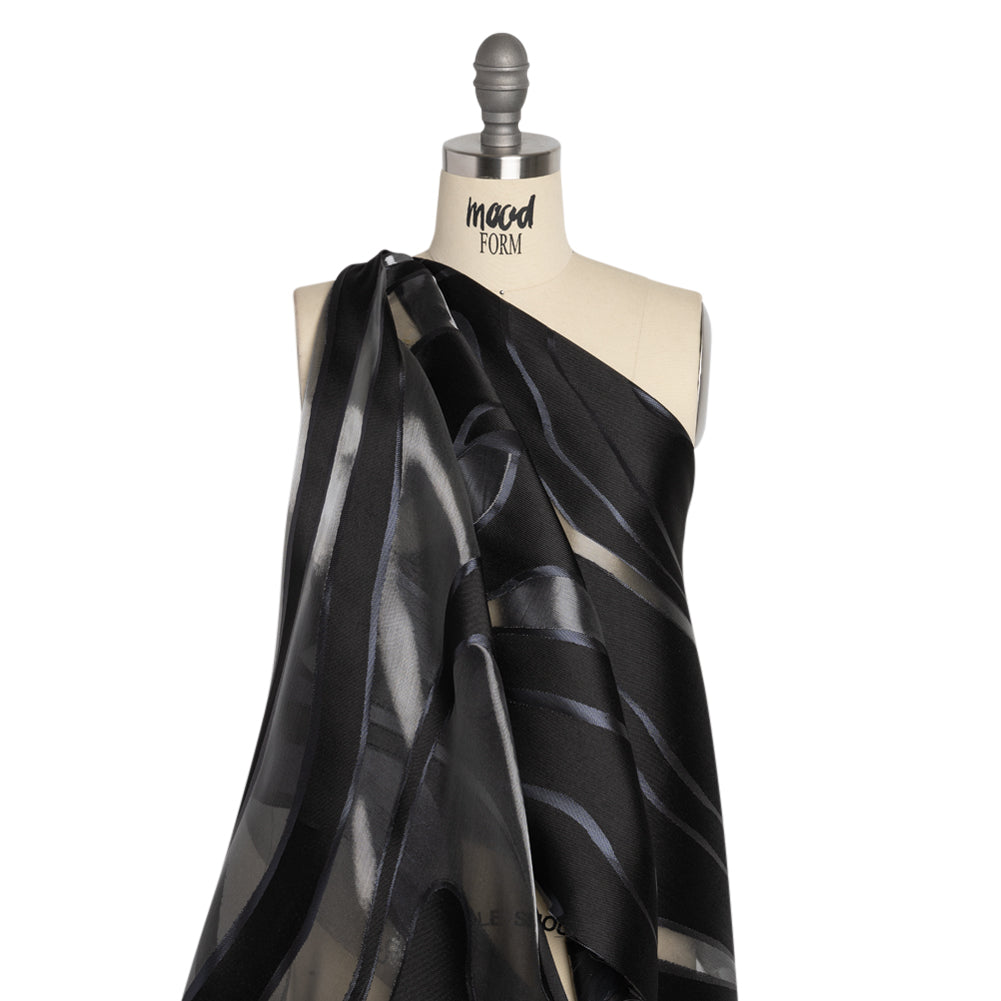 Metallic Gunmetal and Black Flowing Lines Luxury Burnout Brocade