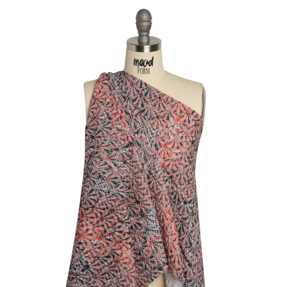 Red, Black and Sky Blue Abstract Printed Fan Flowers Stretch Cotton Matelasse Drape