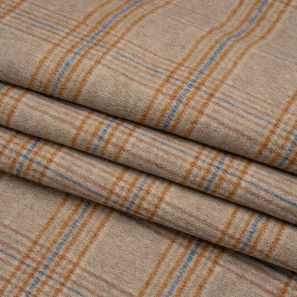 Beige, Orange and Blue Plaid Brushed Wool Blend Double Cloth Coating Folded
