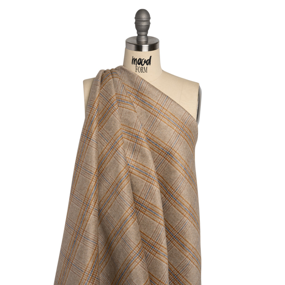 Beige, Orange and Blue Plaid Brushed Wool Blend Double Cloth Coating Drape