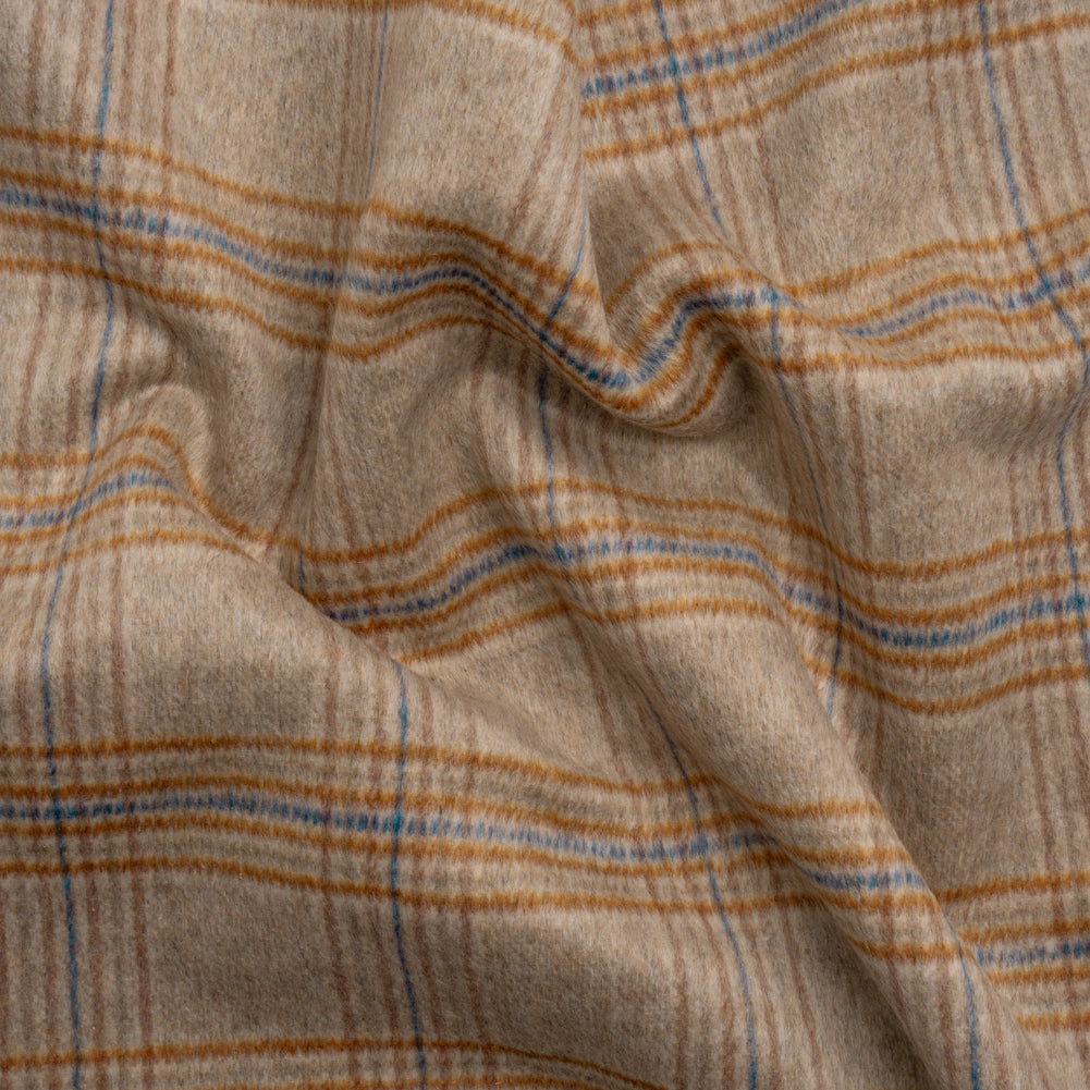 Beige, Orange and Blue Plaid Brushed Wool Blend Double Cloth Coating