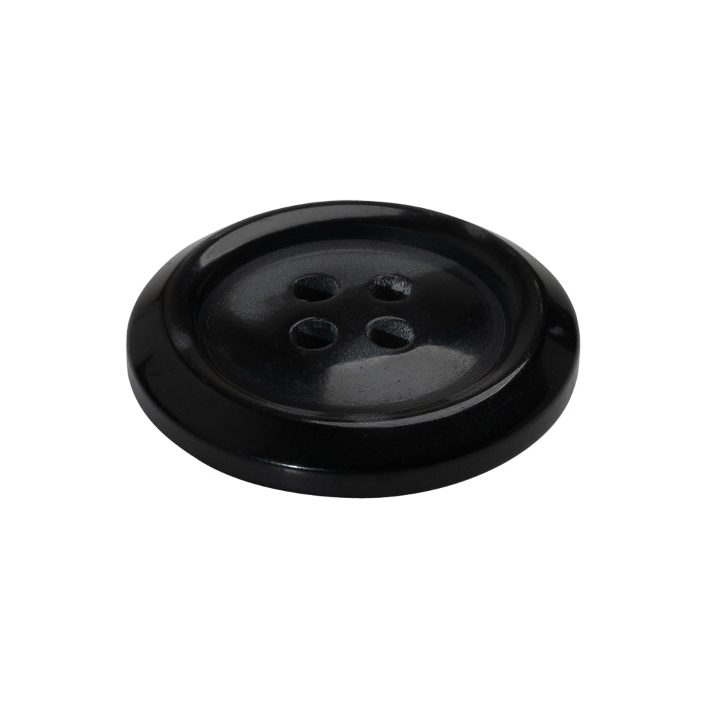 Plastic 4-Hole Button Made in Italy - 40L/25.5mm - Pearlescent Black Rolled Rim with Low Convex Center