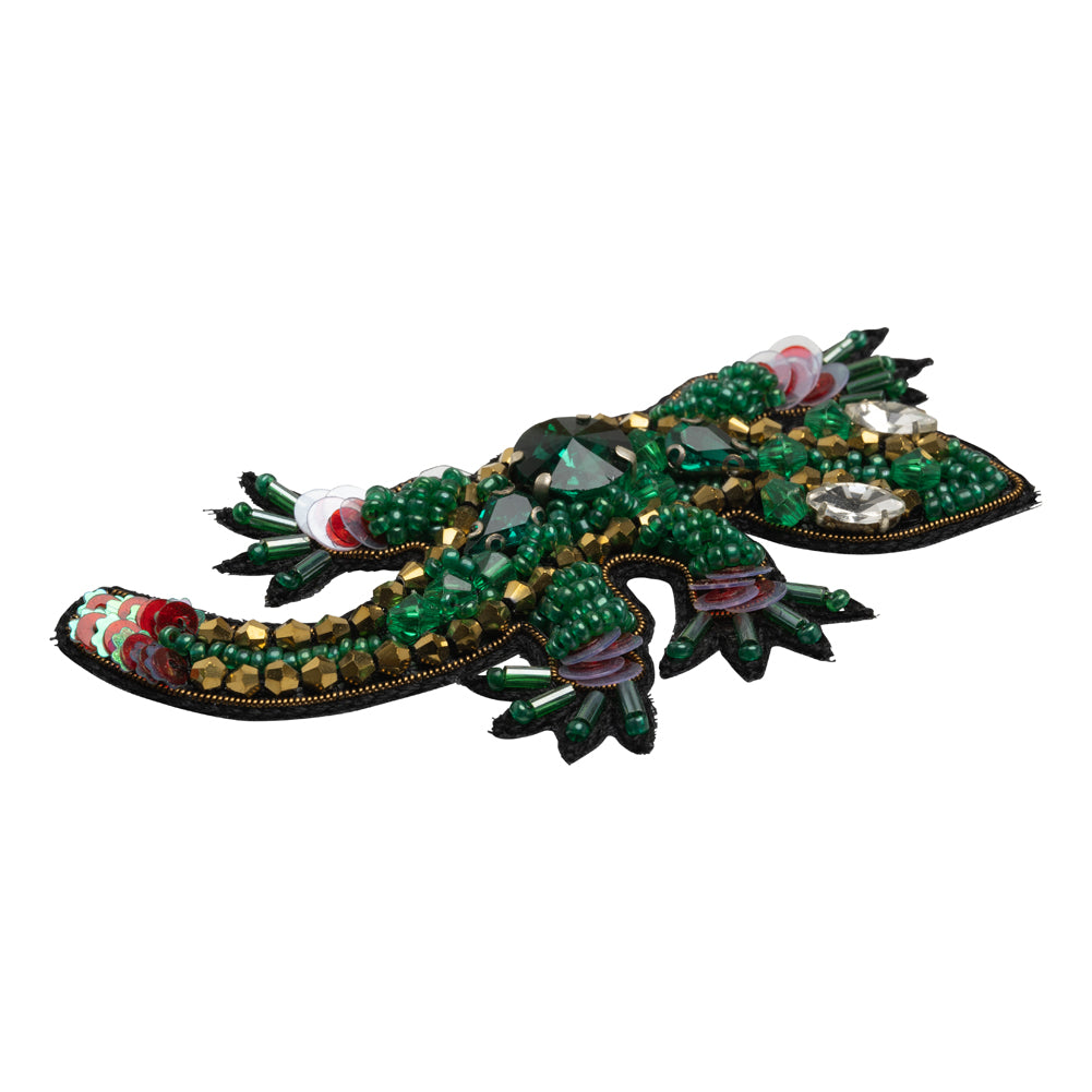 Rhinestones, Sequins and Glass Beaded Applique, 3.5" x 2.75" - Green and Gold Lizard - Alice Collection - Folded