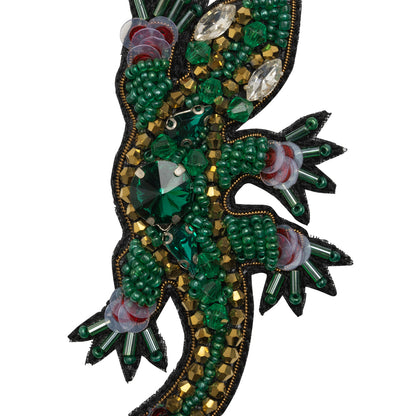 Rhinestones, Sequins and Glass Beaded Applique, 3.5" x 2.75" - Green and Gold Lizard - Alice Collection