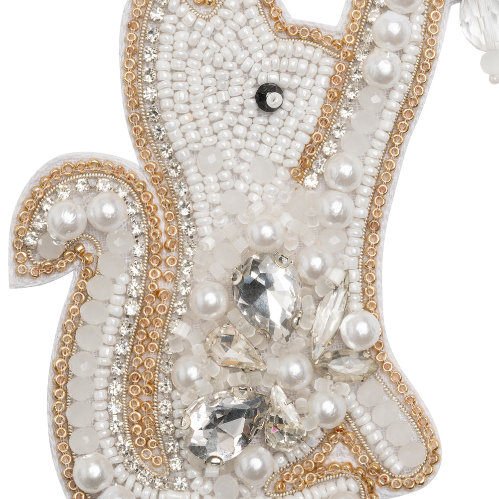 Rhinestones and Glass Beaded Applique, 3.875" x 3" - White, Crystal and Gold Playing Cat - Alice Collection - Detail