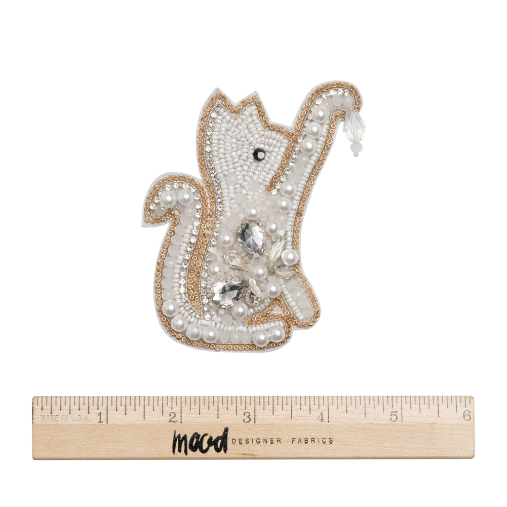 Rhinestones and Glass Beaded Applique, 3.875" x 3" - White, Crystal and Gold Playing Cat - Alice Collection - Full