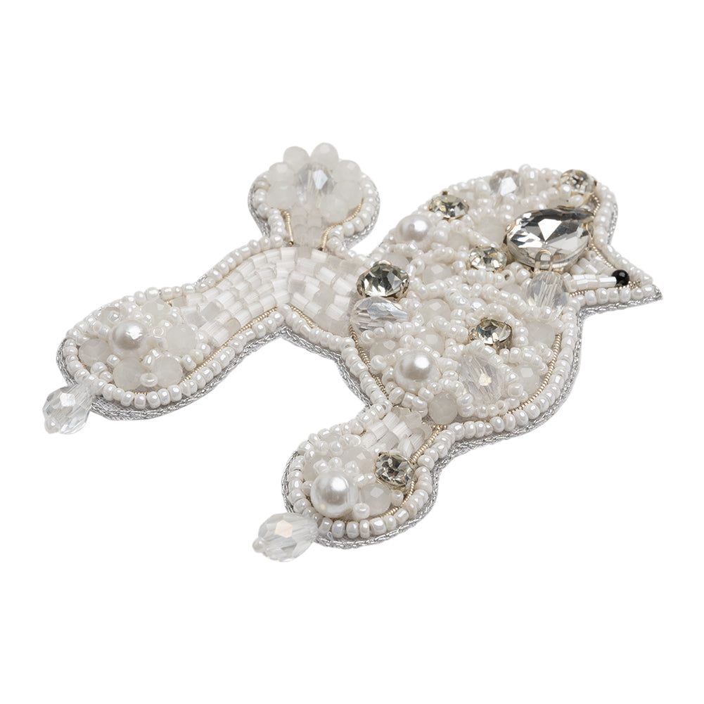 Rhinestones and Glass Beaded Applique, 3.5" x 2.375" - White, Crystal and Silver Poodle - Alice Collection - Folded