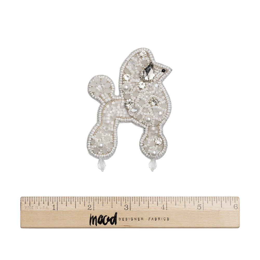 Rhinestones and Glass Beaded Applique, 3.5" x 2.375" - White, Crystal and Silver Poodle - Alice Collection - Full