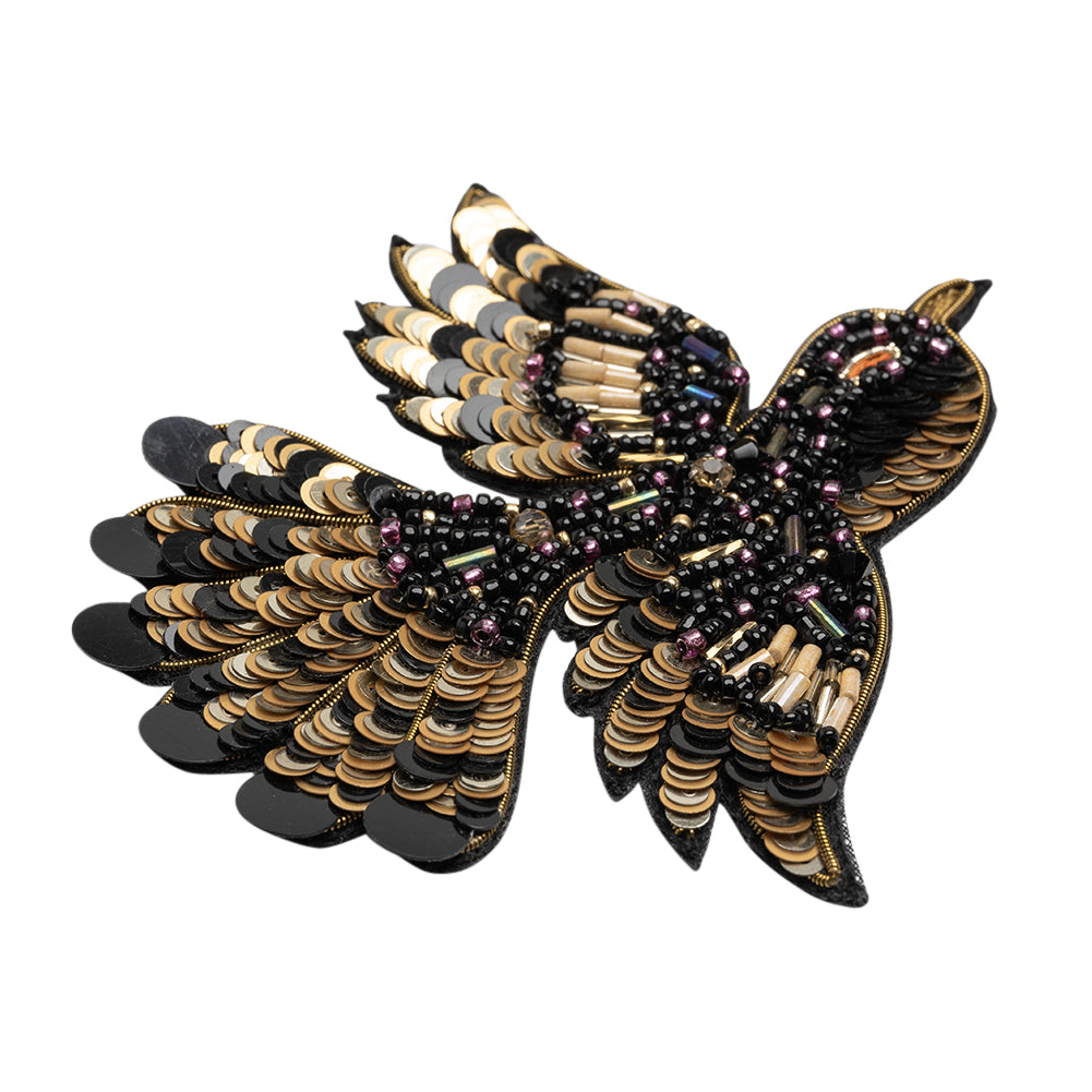 Sequins and Glass Beaded Applique, 4" x 3.25" - Black, Gold and Oilslick Flying Bird - Alice Collection - Folded