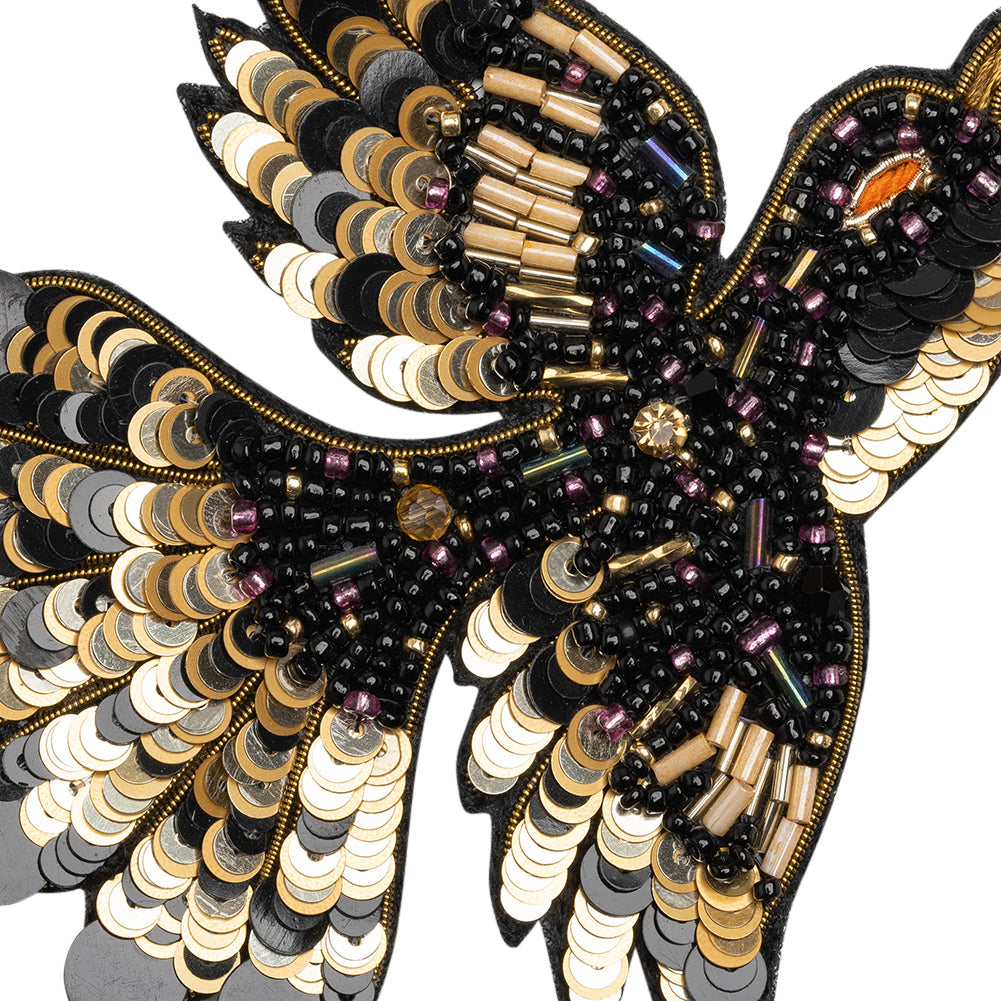 Sequins and Glass Beaded Applique, 4" x 3.25" - Black, Gold and Oilslick Flying Bird - Alice Collection - Detail