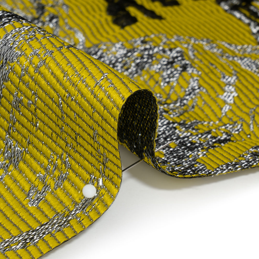 Yellow, Black and Metallic Silver Palm Leaves Luxury Burnout Brocade