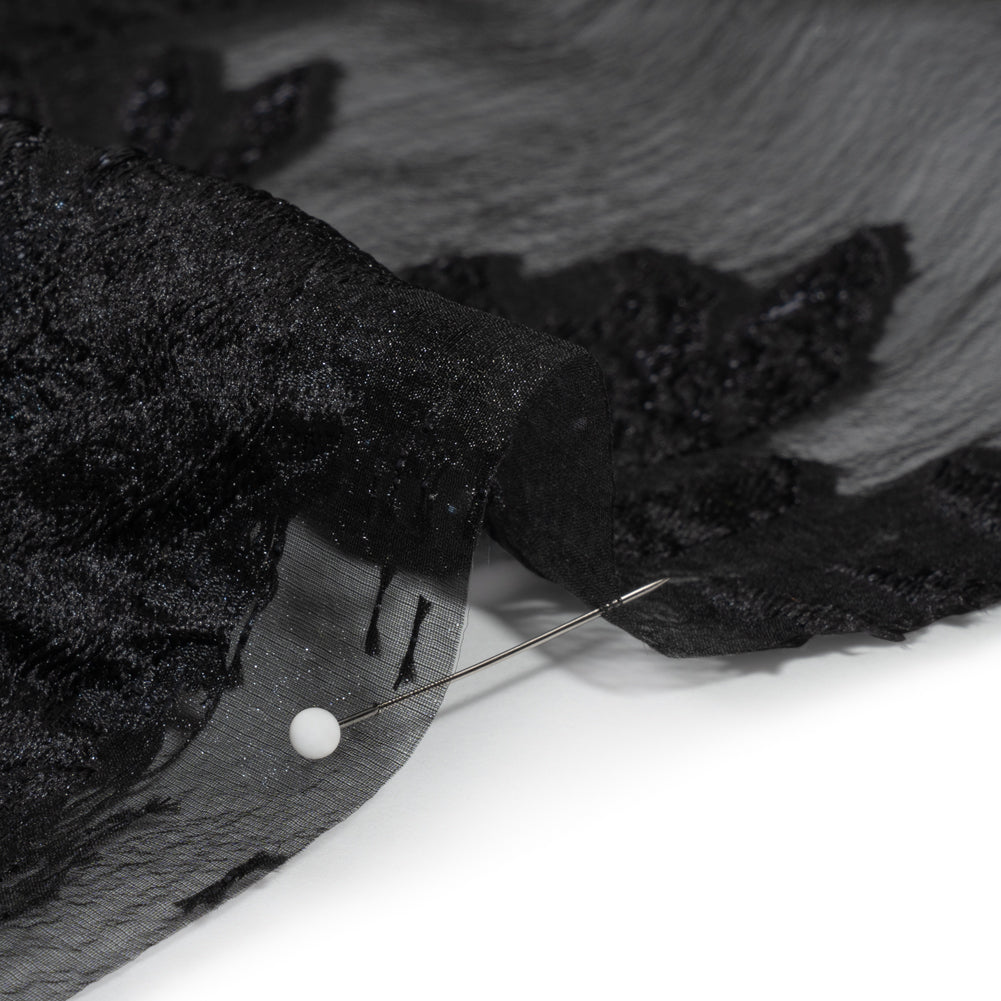 Metallic Black Palm Leaves Luxury Burnout Brocade - Detail