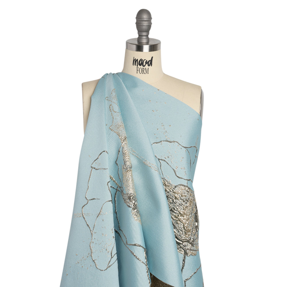 Metallic Silver, Gray and Sky Blue Fanciful Floral Luxury Brocade - Drape