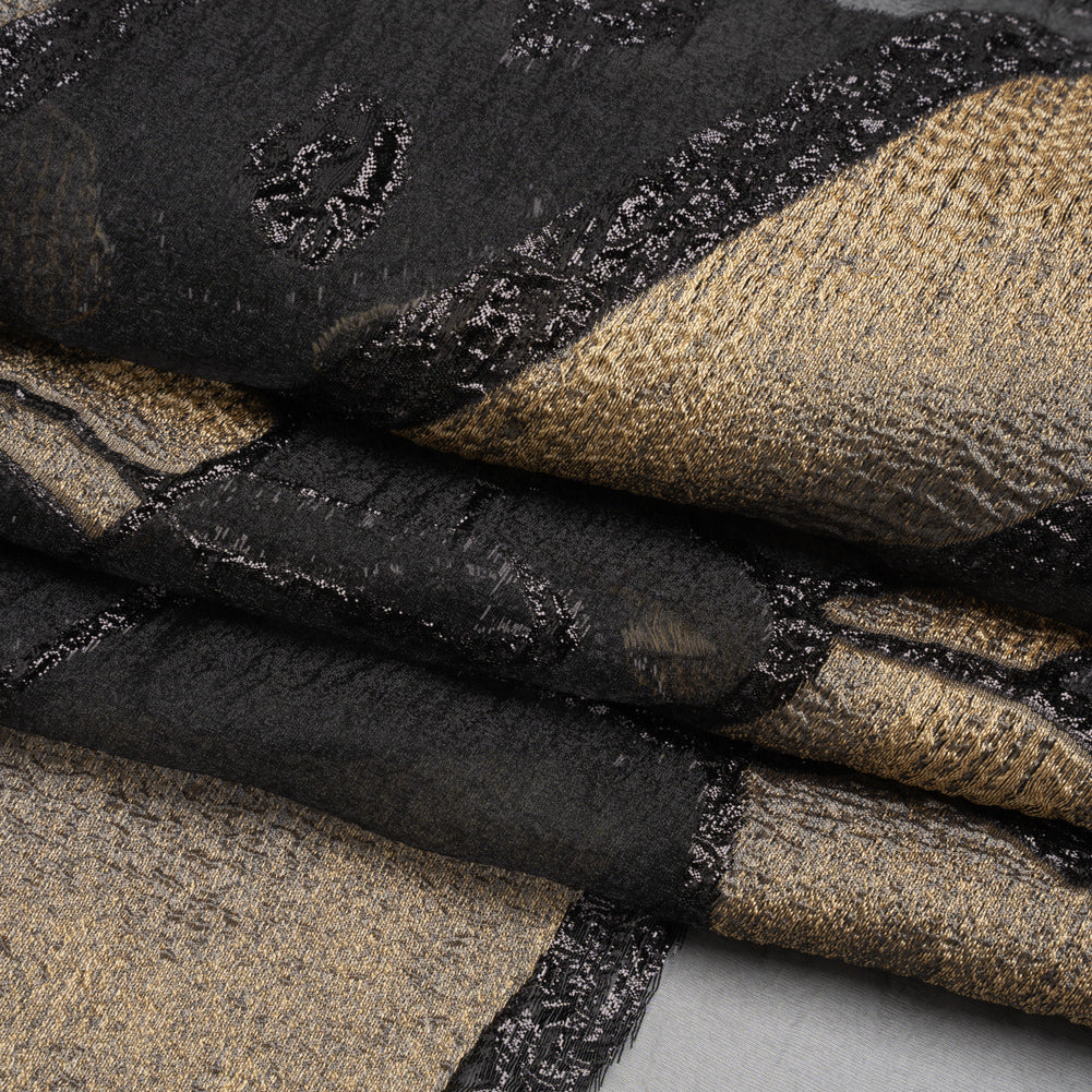 Metallic Black and Gold Big Flower Luxury Burnout Brocade Panel - Folded