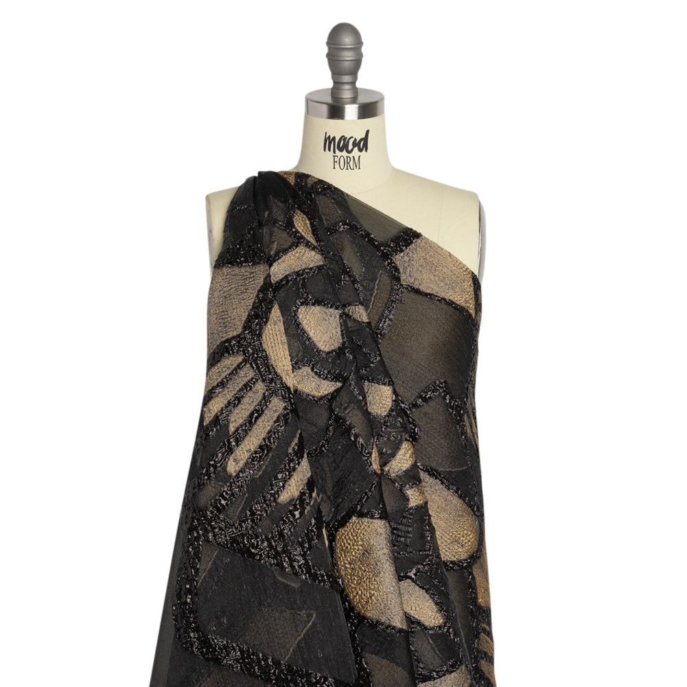 Metallic Black and Gold Big Flower Luxury Burnout Brocade Panel - Drape
