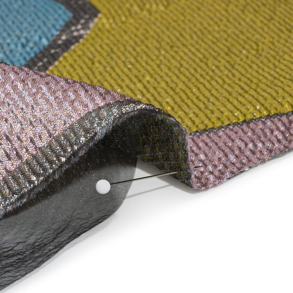 Pink, Blue and Yellow Metallic Abstractly Geometric Luxury Burnout Brocade - Detail
