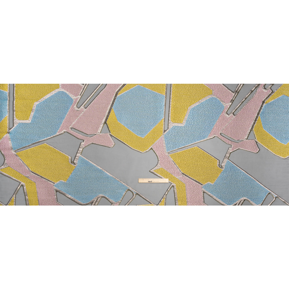 Pink, Blue and Yellow Metallic Abstractly Geometric Luxury Burnout Brocade - Full