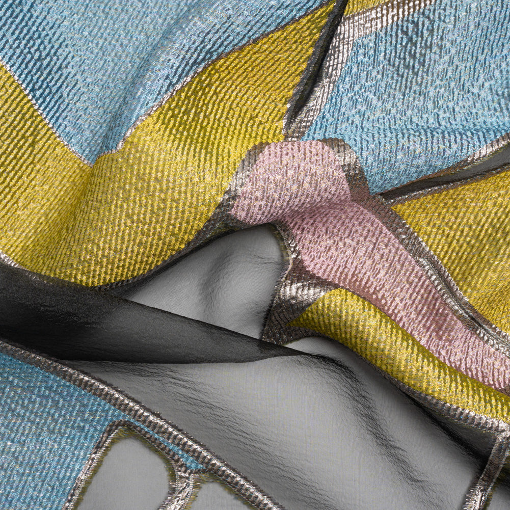 Pink, Blue and Yellow Metallic Abstractly Geometric Luxury Burnout Brocade