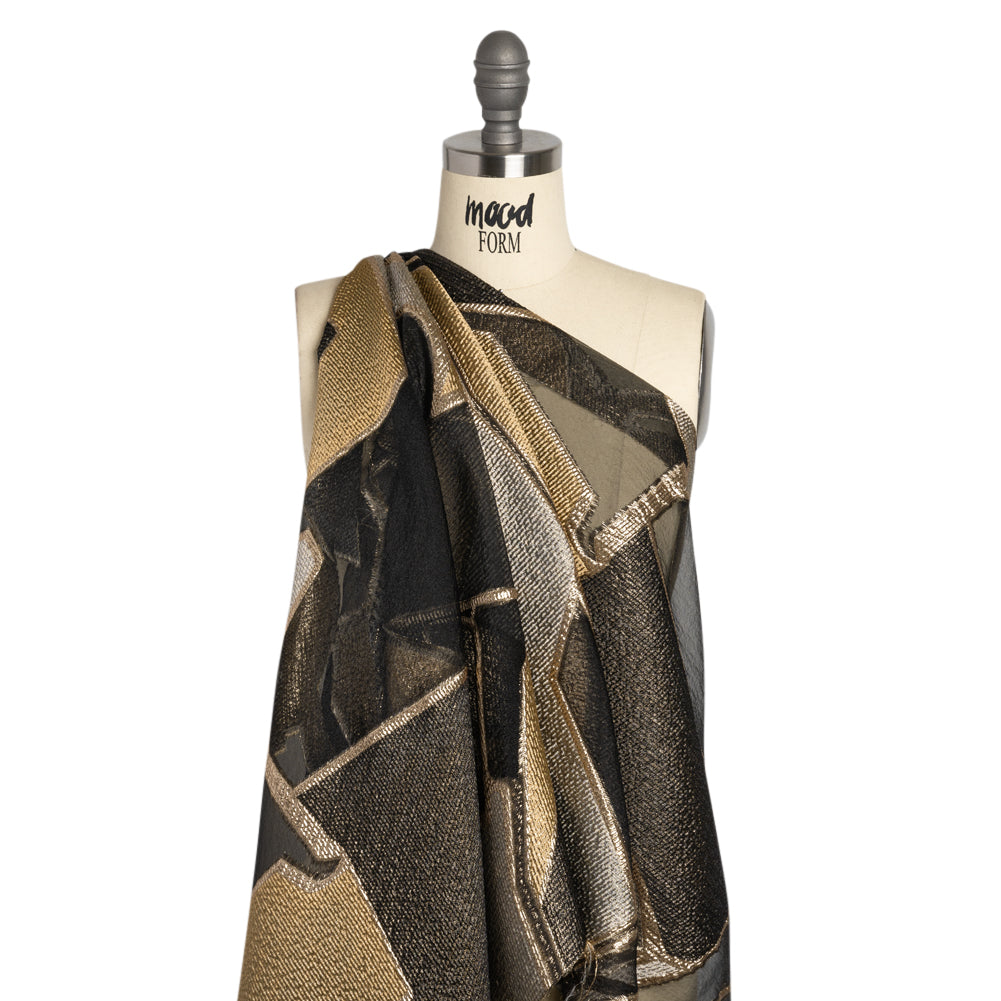 Gold, Silver and Black Metallic Abstractly Geometric Luxury Burnout Brocade - Drape