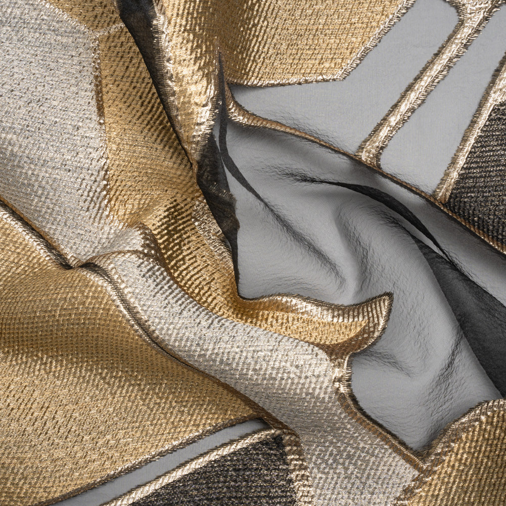 Gold, Silver and Black Metallic Abstractly Geometric Luxury Burnout Brocade