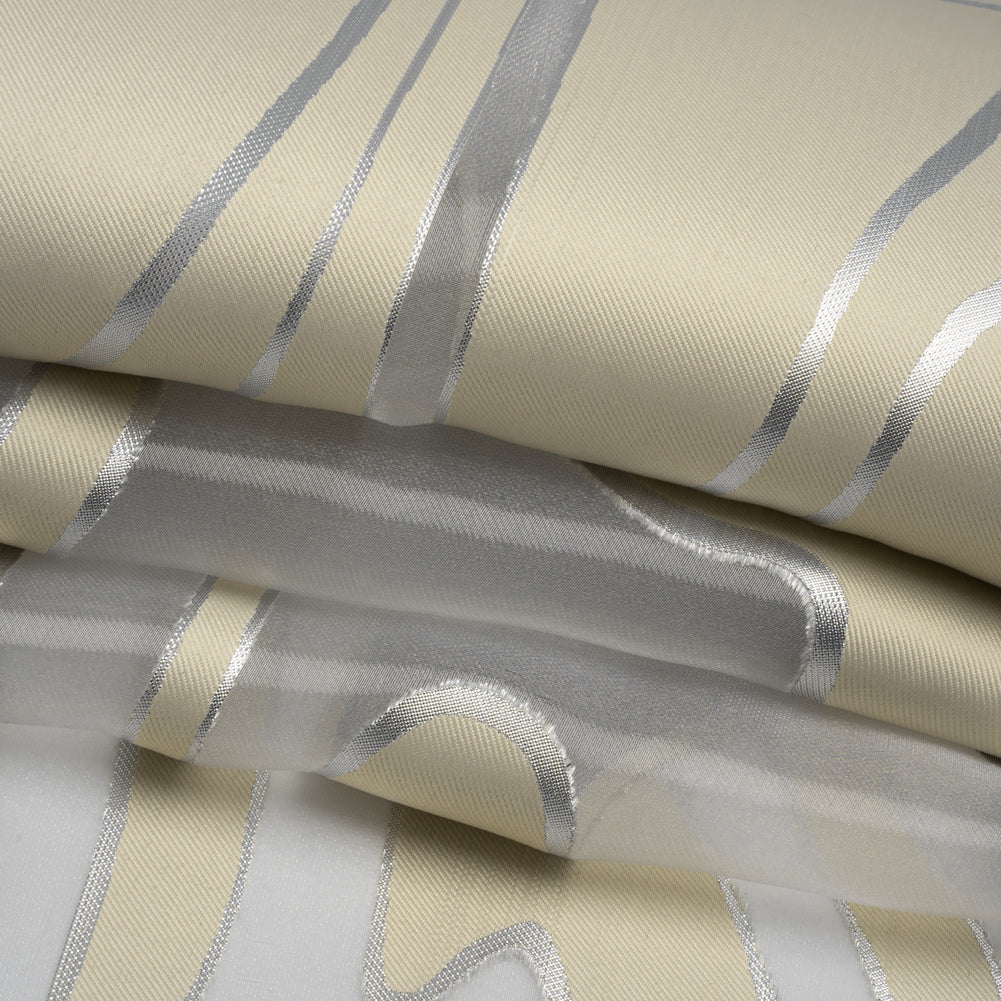 Metallic Silver and Beige Flowing Lines Luxury Burnout Brocade - Folded