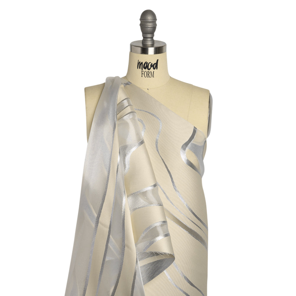 Metallic Silver and Beige Flowing Lines Luxury Burnout Brocade - Drape