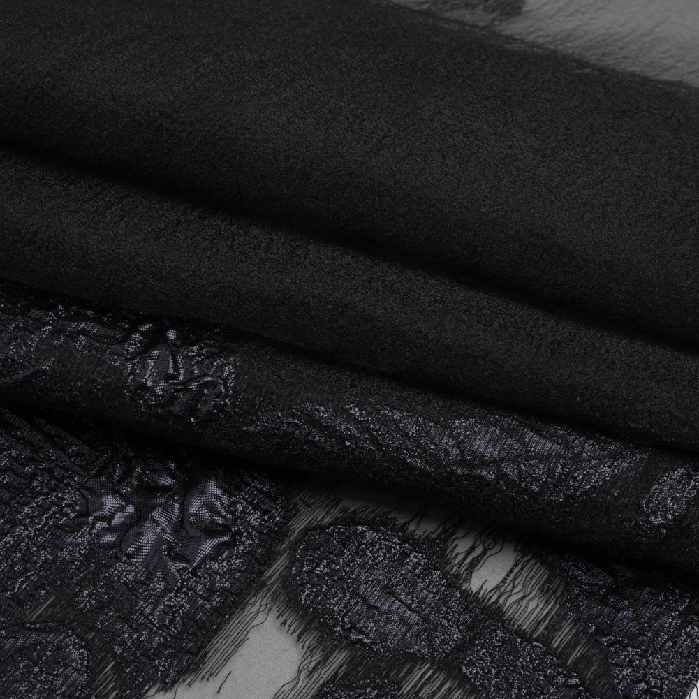 Metallic Gunmetal and Black Floral Silhouettes Border Luxury Burnout Brocade