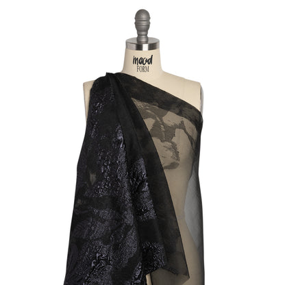 Metallic Gunmetal and Black Floral Silhouettes Border Luxury Burnout Brocade