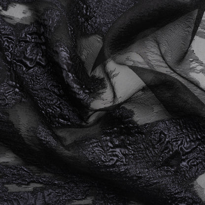 Metallic Gunmetal and Black Floral Silhouettes Border Luxury Burnout Brocade